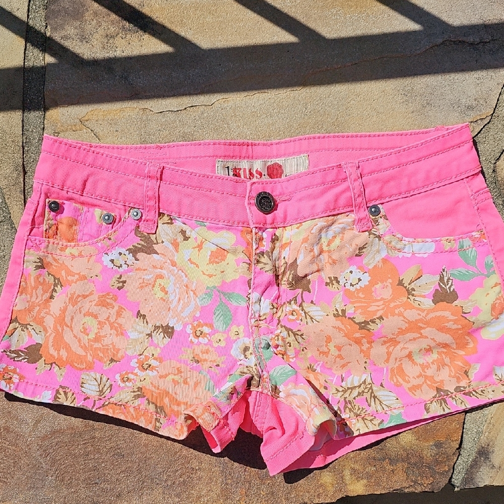 1st Kiss Pink and Orange Jean Shorts Floral Cut-Off